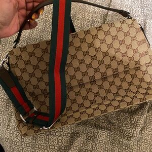 Gucci Brown Monogram Shoulder Bag with Green and Red Strap